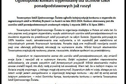 Ogólnopolski konkurs stypendialny dla uczniów szkół ponadpodstawowych już ruszył