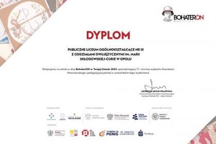 Dyplom - BohaterON w Twojej Szkole 2021