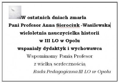Ś. P. Pani Profesor Anna Sierociuk-Wasilewska
