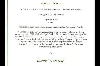 Dyplom dla Blanki Sosnowskiej