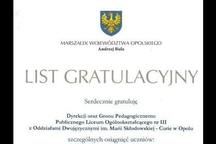 LIST GRATULACYJNY